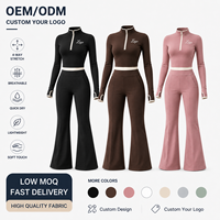 Ensemble de yoga personnalisé OEM avec logo, pantalon évasé, haut court zippé, pantalon pattes d'éléphant, tenue de sport deux pièces marron athleisure extensible