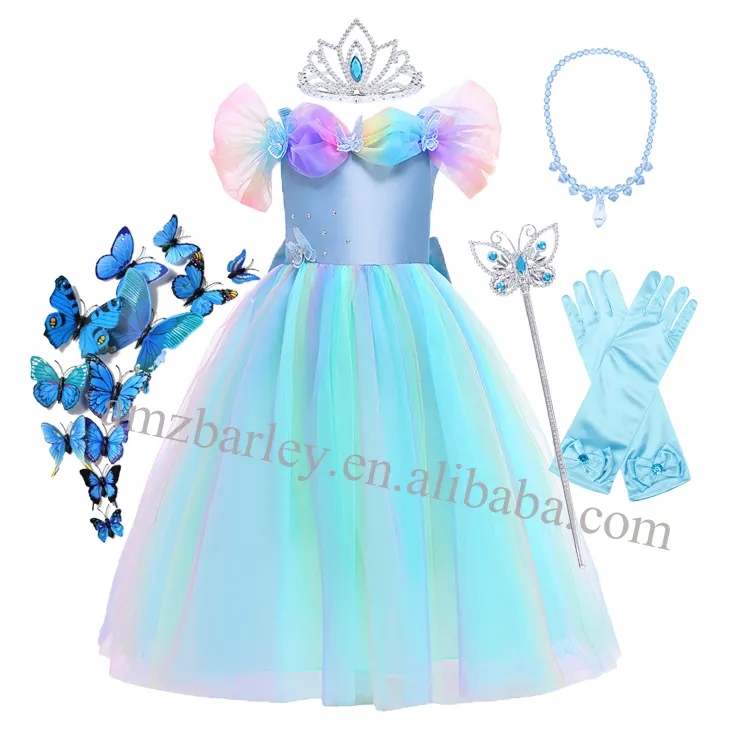 Off ombros arco-íris princesa Cind Elsa trajes borboletas crianças vestidos menina festa casamento vestido longo com arco grande