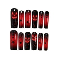 Ongles à presser carrés Halloween, motif dégradé noir et rouge, visage de fantôme, citrouille, araignée, 24 pièces, logo personnalisable, tendance