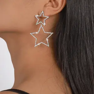 Sexy Women's Group Wind Rhinestone Earrings Personality Fashion Temperament Double Layer Five-pointed Star Earrings