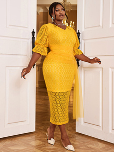 <span class=keywords><strong>Vestido</strong></span> <span class=keywords><strong>de</strong></span> <span class=keywords><strong>Noche</strong></span> Formal <span class=keywords><strong>Amarillo</strong></span> Largo con Mangas Campana, Cinturón <span class=keywords><strong>de</strong></span> Malla Elástica y Encaje - Product Image 2