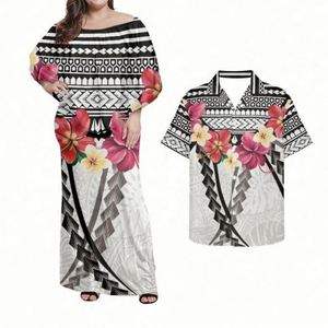 Factory Outlet Pareja Ropa Mujer Vestido de noche Combina Camisa de hombre Estampado de patrón polinesio Estampado Vestido blanco Mujer elegante - Product Image 3