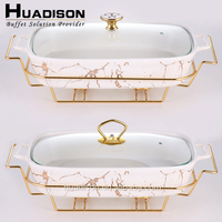 Huadison-Équipement de restauration pour buffet d'hôtel, chauffe-plats en céramique rectangle doré de luxe avec couvercle en verre
