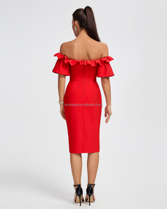 Ocstrade Trending Products <span class=keywords><strong>Vestido</strong></span> de cóctel elegante para mujer Diseño de orillo fibroso Manga corta Slim Fit Vestidos de vendaje rojos 2024 - Product Image 3