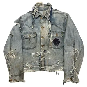 Diznew jaqueta jeans para homens, jaqueta vintage de cor contrastante personalizada com estampa de lavagem ácida e desbotada, fabricação de fábrica