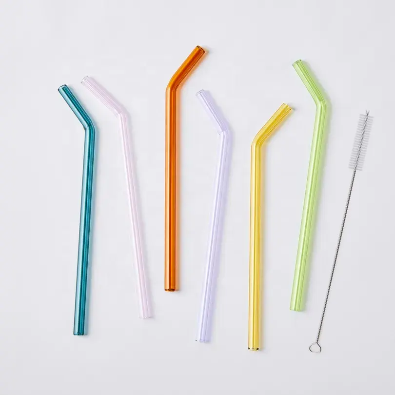 Wholesale 20cm Pink Color Bent Curved Eco-Friendly Borosilicate Reusable Glass Drinking Straws for 16 Oz Glass Can Tumbler Cup