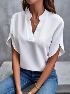 Hot Summer Tops para mujer blusa 2025 moda manga corta sólido cuello en V camisas y blusas sueltas elegante señora blanco Tops - Product Image 3