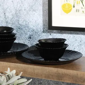 Indian Style Black Opal Dinnerware Set 33pcs Luxury Home Tableware Opal Glass Plates And Bowls With Gold Decor Opal Dinner Set