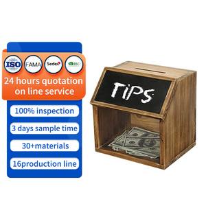 Caja de sugerencias de madera quemada Colector de puntas de donación Caja de gota de votación con etiqueta de pizarra Ventana de acrílico y pestillo de bloqueo - Product Image 1