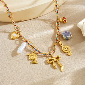 Gold Plated Musical Note Bow Heart Pendant Chain Colorful Braided Rope Stainless Steel Necklace Gift - Product Image 2