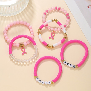 Faith Hope Breast Cancer Awareness <b>Bracelet</b> For Women Pink <b>Beaded</b> Polymer Clay Jewelry Gift Set - Product Image 2