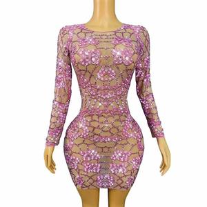 Robe de soirée pour femme, design sexy, en maille ornée de strass roses scintillants, style costume de <span class=keywords><strong>danse</strong></span> du Xinjiang, pour fête d'anniversaire et célébrations - Product Image 6