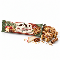 Sachet refermable personnalisé à scellage arrière pour emballage de barres d'avoine à la cannelle et aux noix de pécan, idéal pour les snacks protéinés végétaux