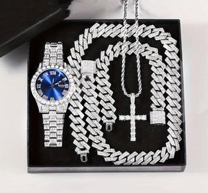 Set de 4 Relojes de Lujo para Hombre, Reloj de Pulsera con Brazalete Cubano Brillante, Collar <span class=keywords><strong>Croos</strong></span>, Reloj de Cuarzo con Diamantes Estilo Hip-Hop - Product Image 4