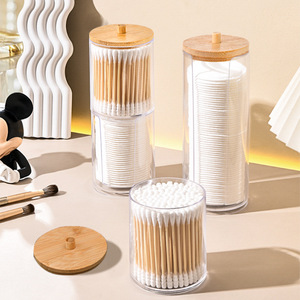 Acrylic Makeup Organizer With Bamboo Lid Cotton Swab And Pad Storage Box U Shape Design For Easy Access Home Beauty Use - Product Image 2