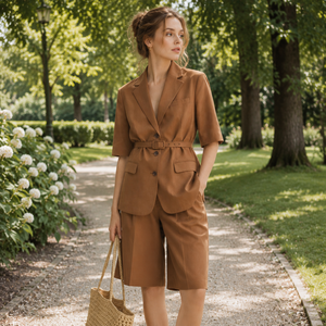 Completo da <span class=keywords><strong>Donna</strong></span> in Due Pezzi in Lino Marrone, Giacca a Maniche Corte e Pantaloncini, con Cintura <span class=keywords><strong>per</strong></span> un Look da <span class=keywords><strong>Ufficio</strong></span> Personalizzato - Product Image 5