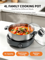 Casserole électrique multifonction 4L en acier inoxydable, avec revêtement antiadhésif en verre trempé, température réglable