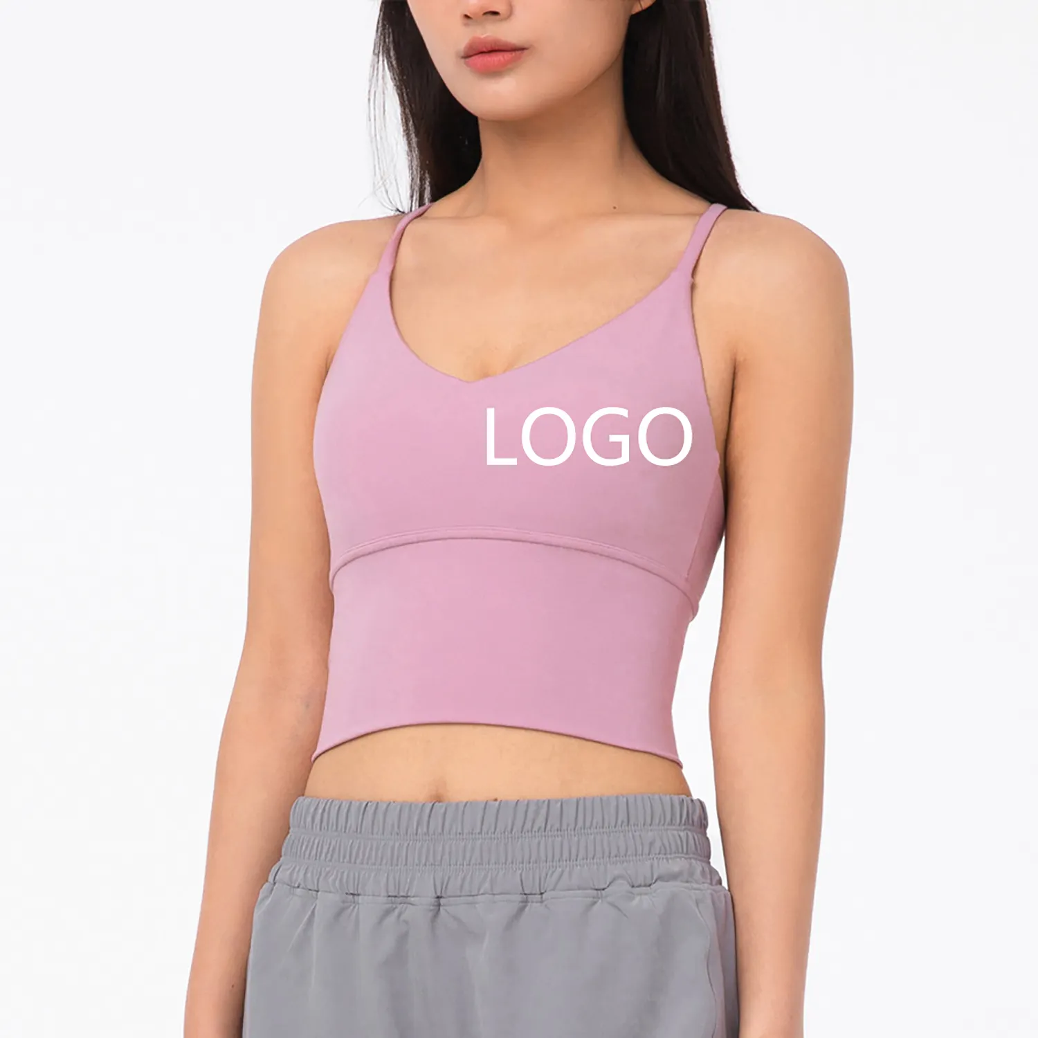 Özel Logo açık geri darbeye dayanıklı kayış moda tüp spor kadınlar seksi çıplak üst Yoga yastıklı sutyen inşa