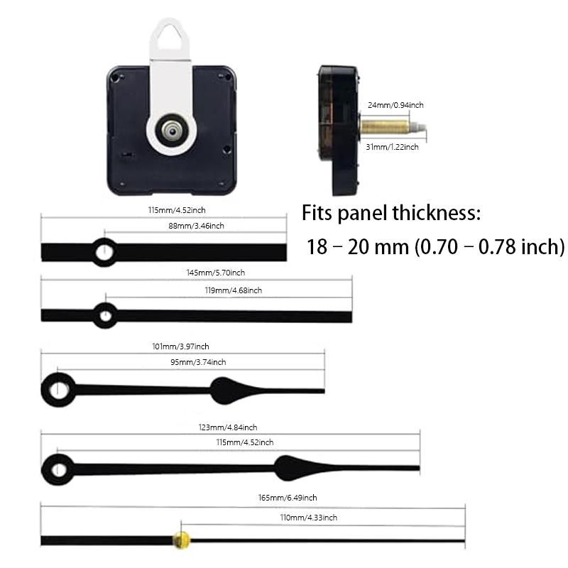 1 mouvement d'horloge + 1 crochet en fer + 2 jeux d'aiguilles d'horloge noires