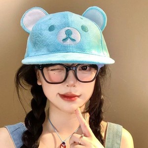 Cute Bear Ears <b>Flat</b> Brim Baseball Cap Women's Cartoon Face Slimming Duckbill <b>Hat</b> Mint Green Sun Protection - Product Image 3