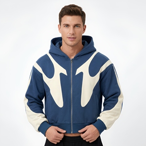 Sweat-shirt à capuche zippé pour homme, noir et blanc, en polyester, brodé, respirant, avec empiècements contrastants, style streetwear décontracté - Product Image 2