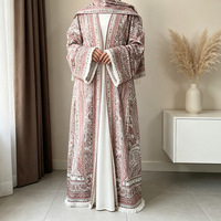 Ensemble élégant de mode musulmane pour femmes, abaya ouverte imprimée paisley avec poches et hijab assorti (modèle en polyester léger)