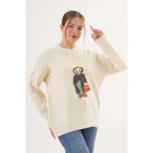 Pull tricoté à col rond brodé motif ours en peluche crème, style coréen décontracté, imprimé hiver avec appliques frontales – Vente en gros - Product Image 4