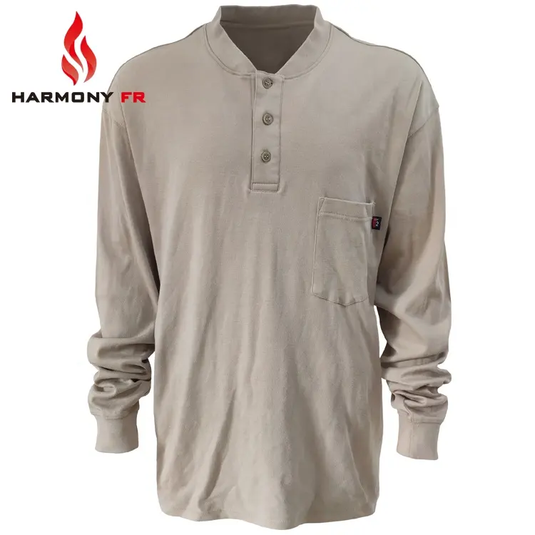 Wholesale NFPA2112 FRC Henley Fire Resistant FR Shirt Khaki Workwear Mechanic Work Shirt For Men