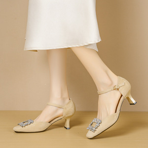 Escarpins Mary Jane en daim à bout carré, talon chaton, bride cheville ornée de strass, légers, pour femme 6888C-118 - Product Image 1