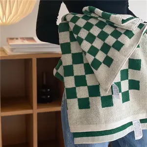 制造沐浴套装100% 大尺寸刺绣酒店绿色格子100% 纯棉毛巾