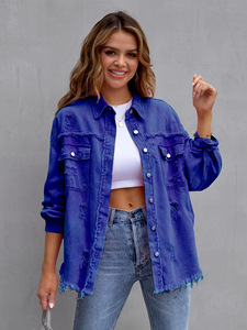 Manches longues Jeans Top Chemise Dames Trou Déchiré Denim Veste <span class=keywords><strong>Manteau</strong></span> Femmes Blouses Casual Revers Top manteaux d'hiver pour dames femmes - Product Image 4