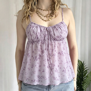 French Romantic Lilac Floral Print Ruched <b>Tie</b> Front Babydoll Hem Cami Top Fresh Girl Versatile Cool Sleeveless Top - Product Image 1