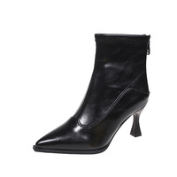 Sepatu Bot Pendek Wanita Hak Tinggi Kulit Sapi Desain Prancis Ujung Runcing Sepatu Bot Elastis