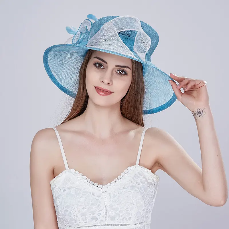 Baige nueva actualización fiesta carnaval boda Sinamay sombrero señora mujer flor azul ala ancha sombrero mujer elegante Iglesia sombreros