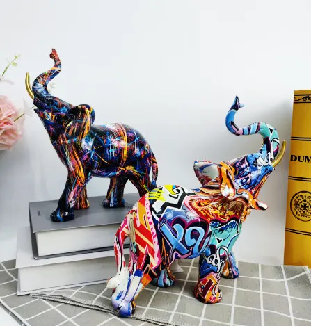 Hot Selling Graffiti Printing Elephant Sculpture Resin Crafts Christmas Gifts Modern Home Decor colorful Animal Statues
