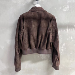 Jxwatcher Autumn Real <strong>Suede</strong> Sheepskin Coat Bomber Zipper Long Sleeves Warm Windproof Custom Dark Brown Leather <strong>Jacket</strong> for <strong>Women</strong> - Product Image 6
