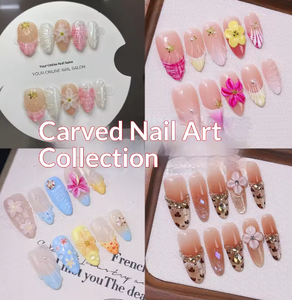 Lot de 10 faux ongles 3D fleuris printemps-été, faits main, en acrylique, à presser, taille moyenne, couvrance totale, avec colle – Vente en gros - Product Image 1