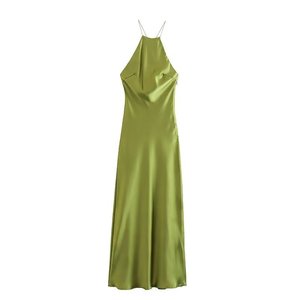 RedPeony <span class=keywords><strong>Chic</strong></span> Sexy elegante <span class=keywords><strong>Vintage</strong></span> vestido de noche de mujer satén sólido cuello Halter espalda descubierta vestidos largos 2025 mujer vestido de verano - Product Image 5