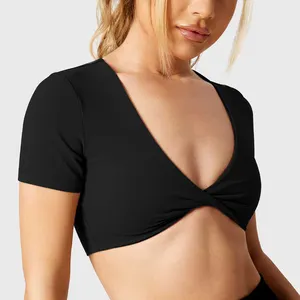 Hot Selling Design Women Short Sleeve Yoga Crop Top Compression Soft Lightweight Twist Active T Shirt