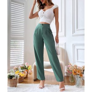 2025กางเกงเอวสูงจับจีบของผู้หญิงเอวขากลางเอวตรงระบายอากาศได้กางเกงสีพื้นแบบลำลอง - Product Image 6