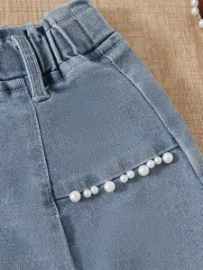 Toptan Bebek Kız Giyim Seti Kolsuz Fırfırlı Tül Çiçekli Tişört + Boncuklu Kot Şort 2 Parça Kıyafet Seti - Product Image 4