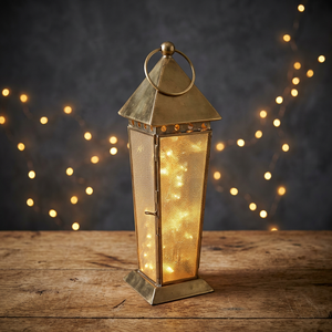 Lanterne haute en métal laiton avec guirlande lumineuse LED sans flamme, décoration de Noël pour la maison, porte-bougie - Product Image 1