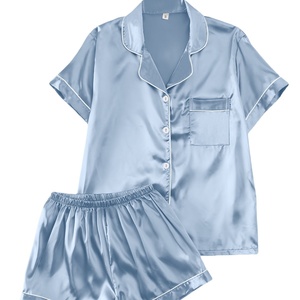 Conjunto de Pijama de Verão em Cetim Sólido e Respirável para Mulheres - Camisa de Manga Curta com Botões e Shorts, Roupas de Loungewear Luxuosas e Sedosas - Product Image 1