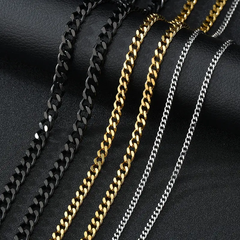 Hot-sale Curb Cuban Link Chain Chokers Basic Punk Stainless Steel Necklace For Men Women Vintage Black Gold Tone Solid Metal