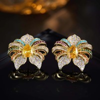 Boucles d'oreilles clous en cuivre motif fleur élaboré, style Hip Hop, avec zircon coloré et aiguille en argent S925 pour femme