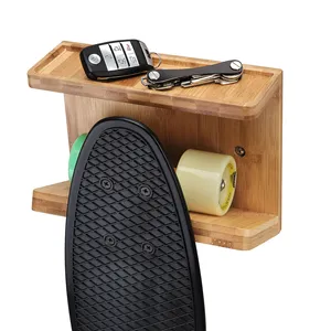 Rak gantung dinding skateboard bambu, rak penyimpanan rumah atau garasi papan panjang gantungan skuter