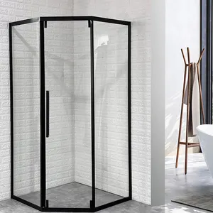 Caixa de chuveiro de alumínio super fina com estrutura SUS 304 para banheiro, cabine de chuveiro em forma de diamante, dobradiça pivotante preta, caixa de chuveiro de vidro
