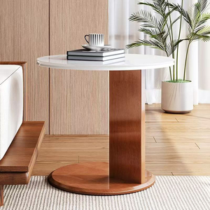 Modern Luxury Small Round Coffee <strong>Table</strong>, Solid Wood Oak <strong>Side</strong> <strong>Table</strong> with New Rock Slab, Durable for Living Room &amp; Bedroom - Product Image 1