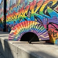 Personalisierter Regenbogen-Holzhandfächer mit individuellem Logo, schwarze Rippen, faltbarer Fächer für Pride-Parade, Sommer-Karneval, Event-Geschenk