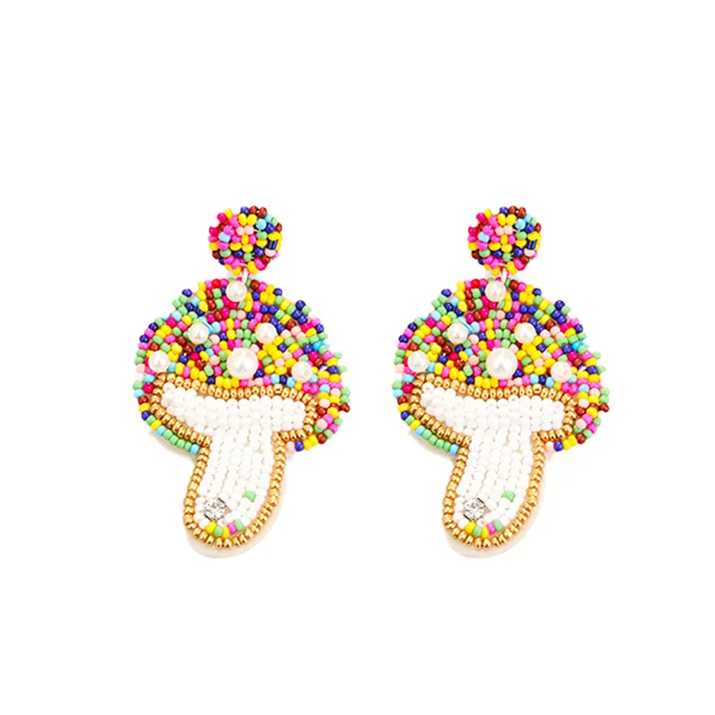 2023 New Magic Pink Rainbow Mushroom Seed Bead Pearl Studded Gift Statement Earrings